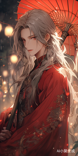 银白发汉服美男夜晚梦幻场景