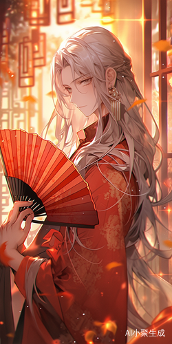银白发汉服美男夜晚梦幻场景