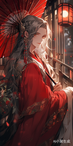 银白发汉服美男夜晚梦幻场景