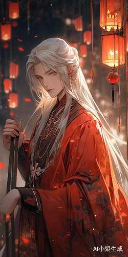 银白发汉服美男夜晚梦幻场景