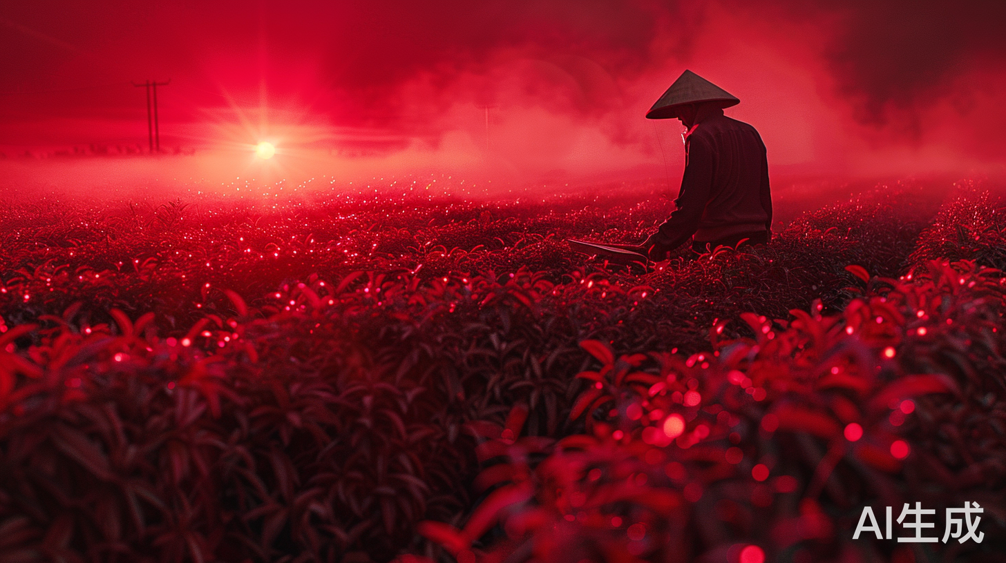 红色光辉下农民晾晒茶叶的丰收场景