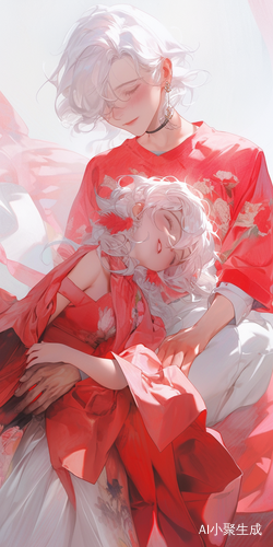 古风少女红裙与少年白衣的甜美瞬间