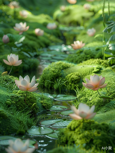 宁静自然的田园风格莲花与苔藓舞蹈