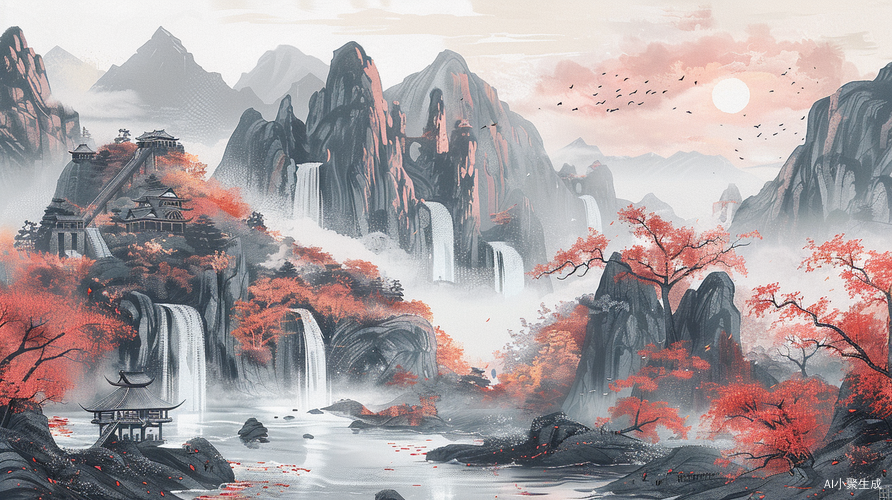 中式插画中的巍峨山脉与自然之美