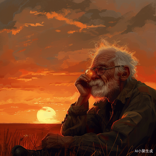 落日余晖下的迷茫老人沉思