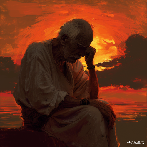 落日余晖下的迷茫老人沉思