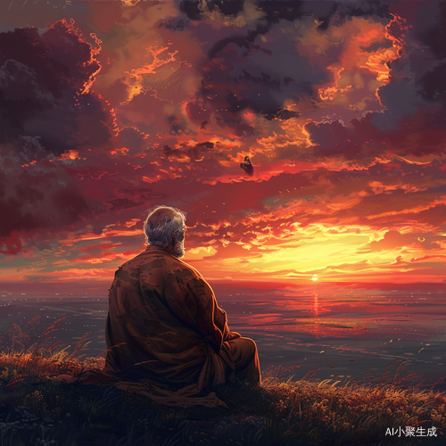 落日余晖下的迷茫老人沉思