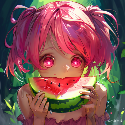 捧西瓜的粉头发女孩Q版插画