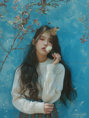 depicts a young Asian woman with long hair and a white sweater and plaid skirt posing in front of a blue wall. She was fiddling with a flower，ar4∶3，v6