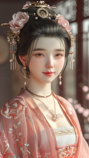 中国古典美女，丰满身材，微笑闭嘴，肤如凝脂，梅花环绕，金色宫殿，红色地毯，盘发精致，鲜艳色彩，清纯美丽，独奏姿态，珠宝点缀，花形发饰，杰作级质量，绝世容颜，色彩缤纷的纱质衣裙，细长眉毛，全身照，丹凤眼，柔和侧光，高光细节，环境光，长焦镜头，自然色彩，静态美，传统服饰，细腻肌肤，优雅姿态，古典美，柔和光线。模型：MJ6.0（真实质感）