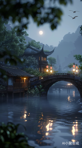 古镇夜晚的诗意与和谐静谧