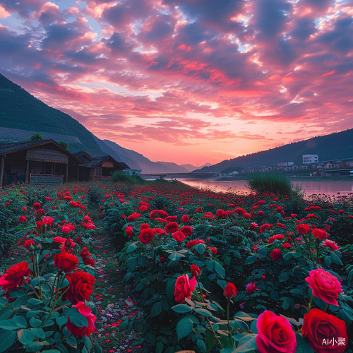 江南水乡夕阳下的红玫瑰与繁花美景