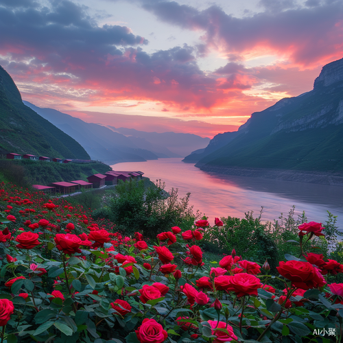 江南水乡夕阳下的红玫瑰与繁花美景