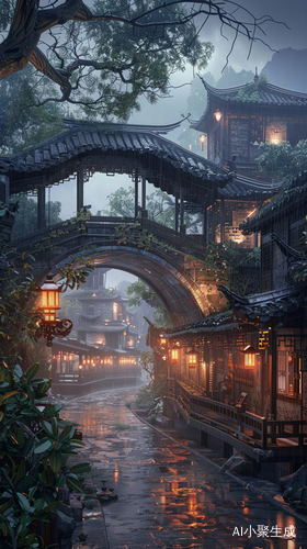 古镇夜景如明珠散发迷人光彩