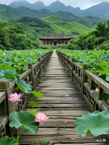 荷塘荷花与龚桥流水环绕的绿色草原风景