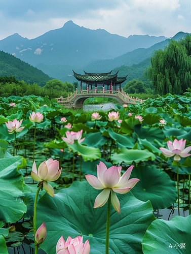 荷塘荷花与龚桥流水环绕的绿色草原风景