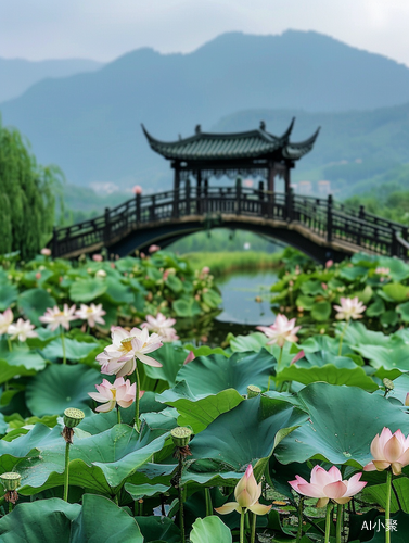 荷塘荷花与龚桥流水环绕的绿色草原风景