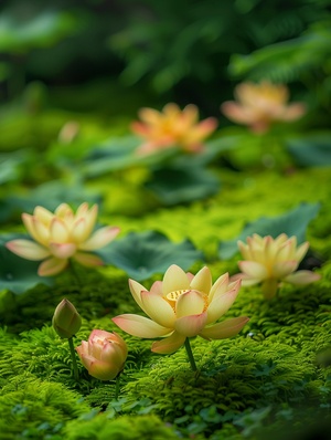 几棵美丽的小莲花在青苔中绽放，背景是模糊的绿色植物,营造出一种充满宁静与自然美的氛围，莲花的细腻花瓣和周围植被的繁茂绿色,创造了一种宁静、田园风格的Shuto风格场