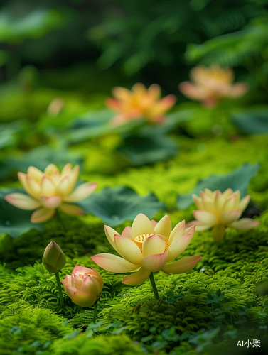 小莲花在青苔中绽放的宁静田园风格