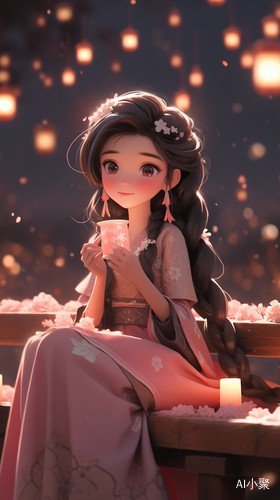 Cute Cartoon Girl in Hanfu Enjoying Coffee Under Starry Sky