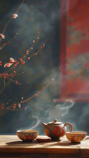 近景茶壶和l两个茶杯，茶壶里有热茶，bei j背景虚化