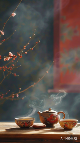 茶壶与茶杯近景热茶背景虚化