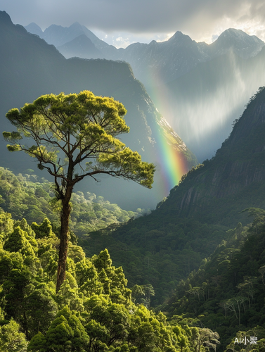 Picturesque Landscape with Sunlit Tree and Colorful Rainbow