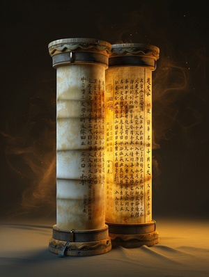 An unrolled ancient Chinese rice paper book , opened and placed , glass material written with Chinese characters in gold , transparent , light blue , white , light gold ,C4D, OC renderer , dreamlike , combined with the sense of the ancient and the future , three - dimensional ancient , bioluminescent , a beam of light , three - dimensional ancient , romantic ancient , light yellow , clean background , Zhao Wuji , Clear particles , clear light and shadow , real and virtual fields , ultra - high resolution , 