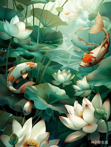 绿色大莲蓬与锦鲤的水墨画艺术之美
