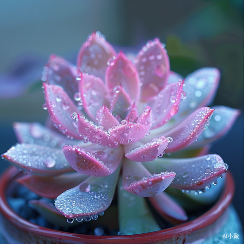 清晨露水中的鲜艳浅粉色多肉植物