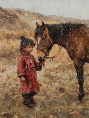 A rural Chinese child dressed in red stands next to a brown horse in a field. The horse looks calm, and the child seems to be interacting with it. Some hills can be seen in the background, creating a tranquil rural or mountainous atmosphere. This scene may depict a simple, idyllic moment between a child and an animal.