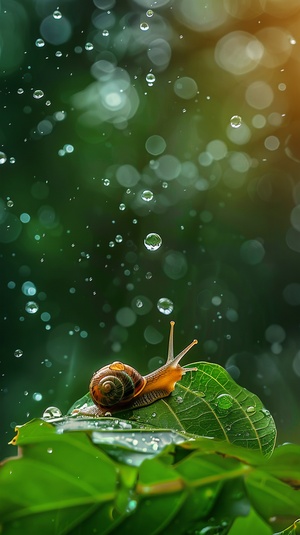 The image features a small snail on a leaf in a field, with water droplets falling around it. The snail is crawling on the leaf, and the drops of water are falling on the leaf, creating a beautiful and serene atmosphere. The image is likely a close-up of the snail, capturing its movement and interaction with its environment.