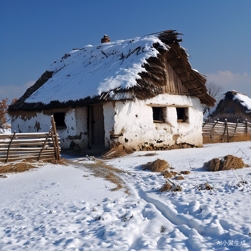 孤独的村庄老房子在大地与雪草之间