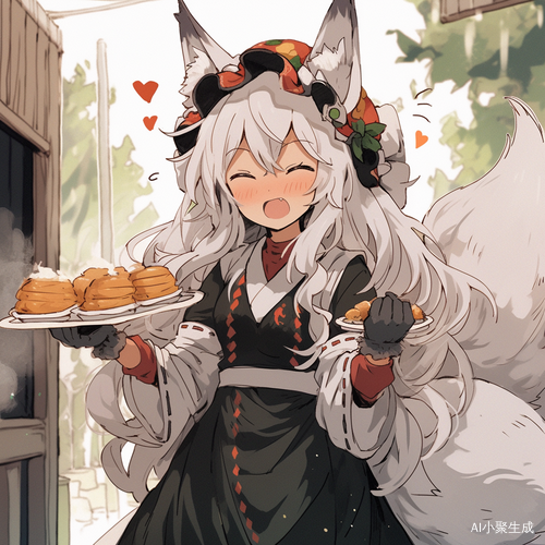 白发红瞳美少女女仆装端食物裙子被风吹起