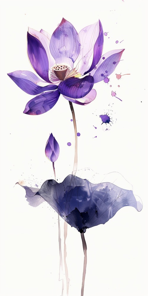 White background, simple ink-style purple lotus.