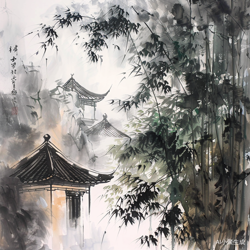 梦幻水墨画中的古风竹林与亭台楼阁