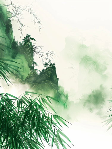 梦幻水墨画中的古风竹林与亭台楼阁