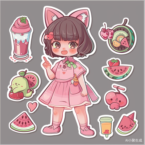 可爱夏季贴纸套装 featuring 猫耳小女孩与甜美元素