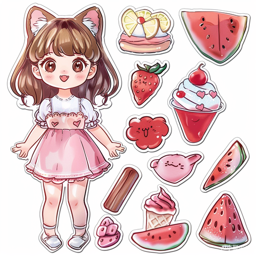 可爱夏季贴纸套装 featuring 猫耳小女孩与甜美元素