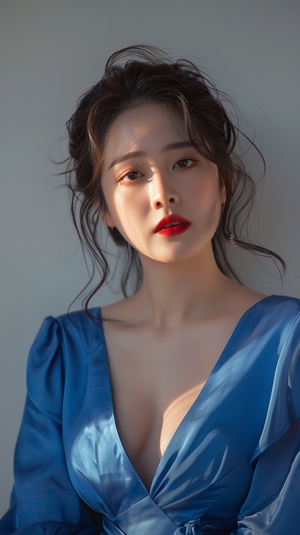 a close up of a woman in a blue dress posing for a picture, beautiful south korean woman, gorgeous young korean woman, beautiful young korean woman, cute korean actress, wan adorable korean face, popular korean makeup, popular south korean makeup, korean girl, gorgeous chinese model, female actress from korea, heonhwa choe, ulzzang, jaeyeon nam