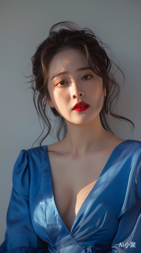 Beautiful South Korean Woman in Blue Dress Close Up