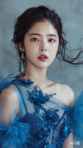 Beautiful South Korean Woman in Blue Dress Close Up