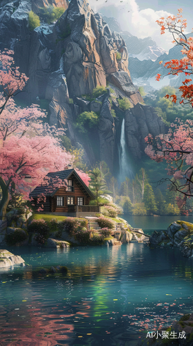 高清写实风景图包括房子湖泊瀑布和桃树林