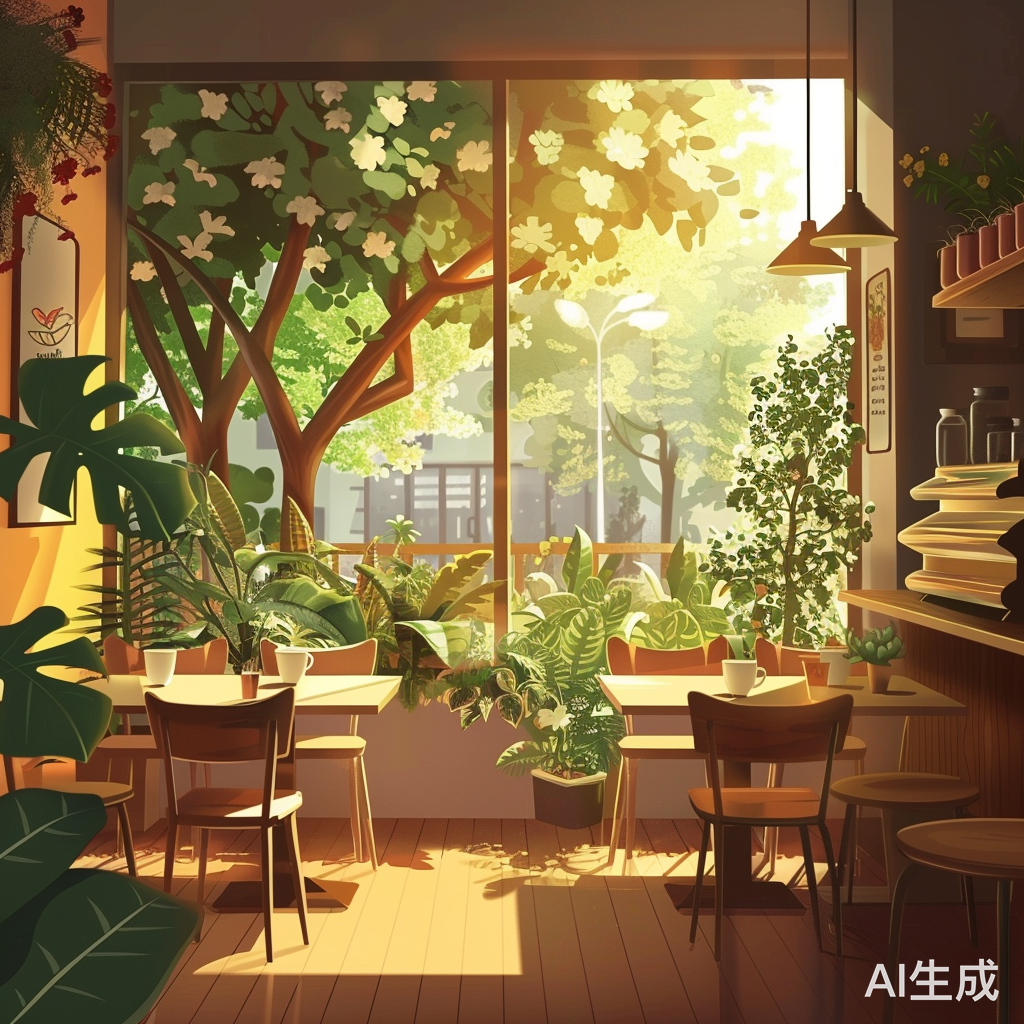 夏日动漫美学风格咖啡店中的绿色咖啡饮品