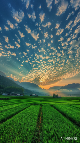 日落晚霞映照鱼鳞云朵与绿稻田的真实美景