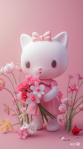 可爱helloKitty猫捧花的淡粉色细致3D渲染画