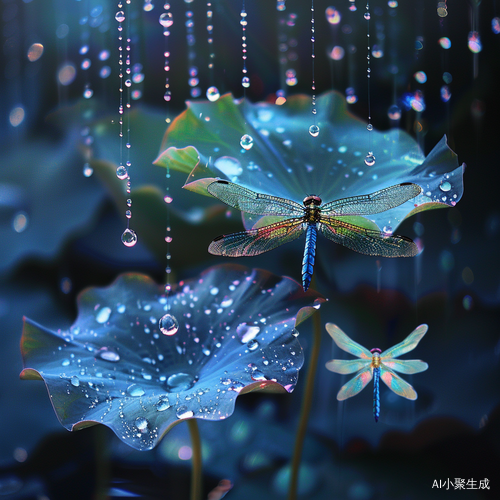 蜻蜓栖息在雨后水珠满载的荷花叶上