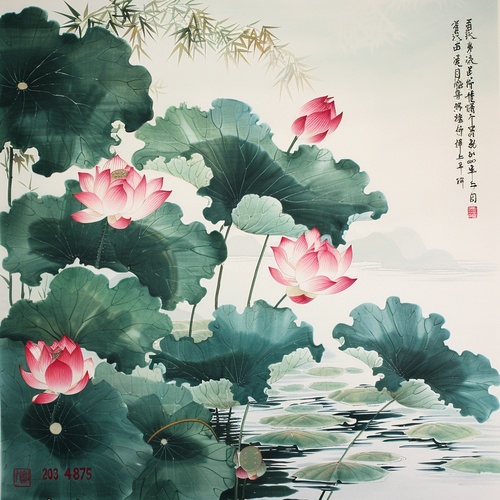 中国绘画,绿色背景,莲花池,绿水涟漪和前景盛开的花朵,作品的名字是用红色墨水写在上面的“2034875”,签名下面有一个区域。这张照片是用iPhone相机从画框内部拍摄的,显示周围根本没有人。这幅艺术作品看起来像是手绘的,可以清楚地看到。签名的上方或下方不应该有标题。