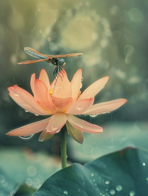 蜻蜓立在雨后的荷花尖上