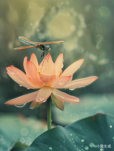 蜻蜓栖息在雨后荷花尖上